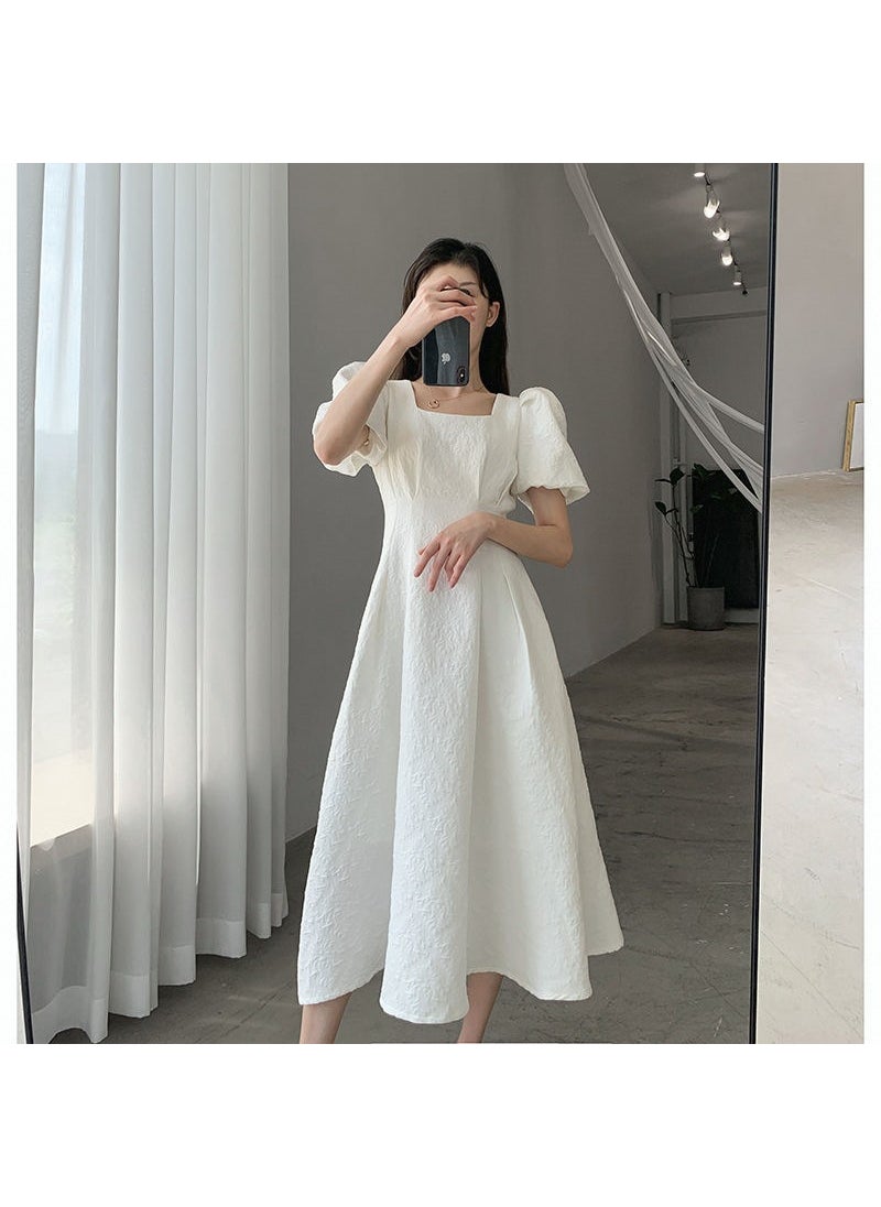 Generic - 2024 Summer Square Neck Slimming Embossed Dress for Women White - Image 1