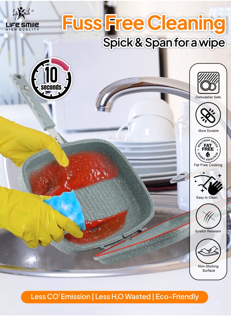 Life Smile - LIFE SMILE 32 cm Smart Double Grill Pan - 5 Layer Granite Non-Stick Coating With Magnetic Handle - Flipping Grill Frying Pan | Multiple Hob Compatibility (Black) - Image 1