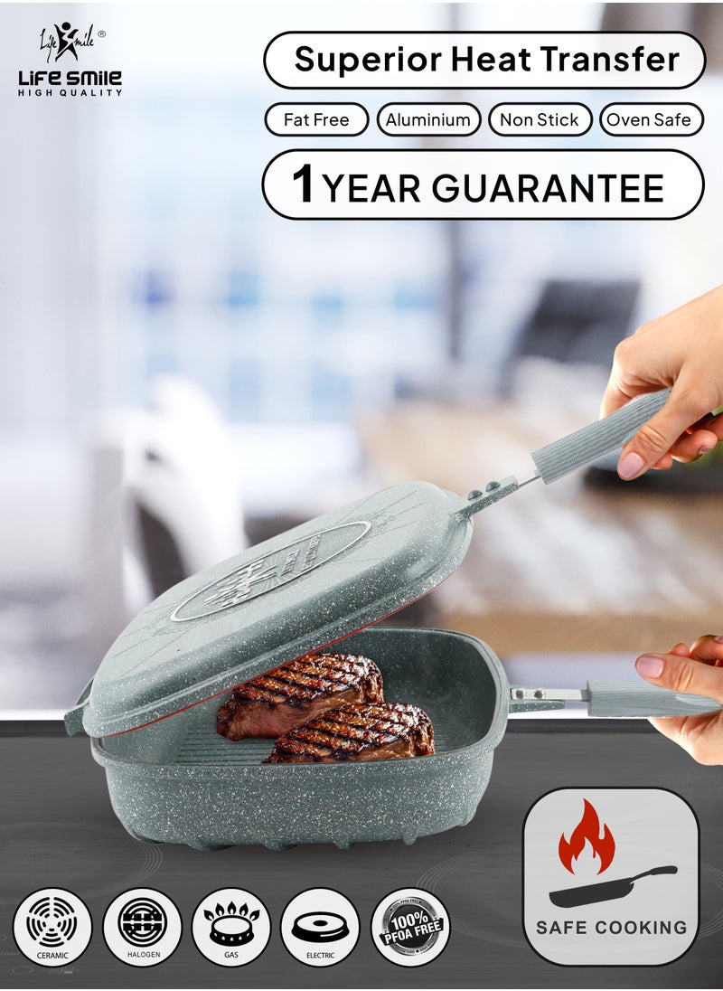 Life Smile - LIFE SMILE 32 cm Smart Double Grill Pan - 5 Layer Granite Non-Stick Coating With Magnetic Handle - Flipping Grill Frying Pan | Multiple Hob Compatibility (Black) - Image 1