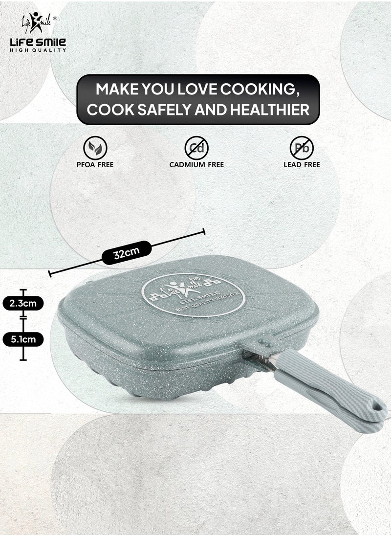 Life Smile - LIFE SMILE 32 cm Smart Double Grill Pan - 5 Layer Granite Non-Stick Coating With Magnetic Handle - Flipping Grill Frying Pan | Multiple Hob Compatibility (Black) - Image 1