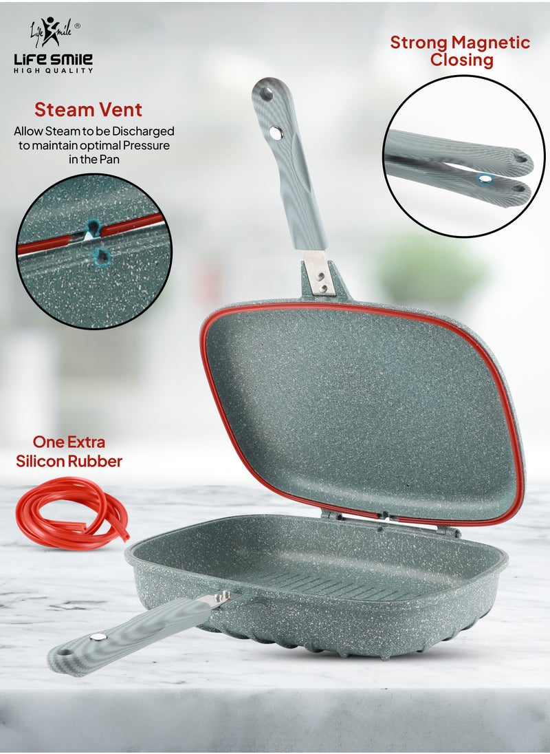 Life Smile - LIFE SMILE 32 cm Smart Double Grill Pan - 5 Layer Granite Non-Stick Coating With Magnetic Handle - Flipping Grill Frying Pan | Multiple Hob Compatibility (Black) - Image 1