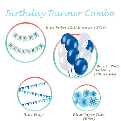 SpecialYou.in SpecialYou Blue theme Happy Birthday decoration items DIY combo kit with pastel blue and white balloons, Blue paper fans and flags for party background wall, pack of 48 Items - Image 2