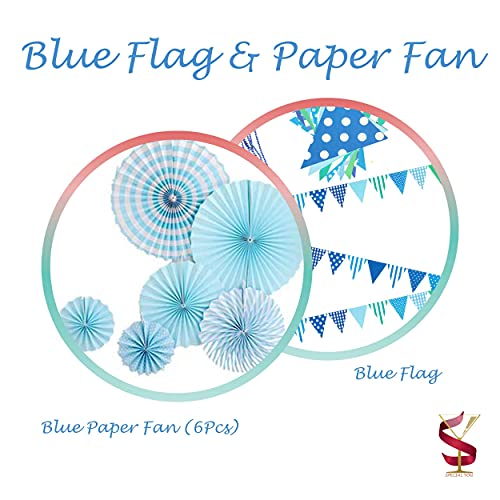 SpecialYou.in SpecialYou Blue theme Happy Birthday decoration items DIY combo kit with pastel blue and white balloons, Blue paper fans and flags for party background wall, pack of 48 Items - Image 5