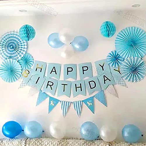 SpecialYou.in SpecialYou Blue theme Happy Birthday decoration items DIY combo kit with pastel blue and white balloons, Blue paper fans and flags for party background wall, pack of 48 Items - Image 1