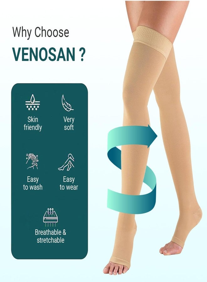 فينوسان جوارب ضغط طبية VENOSAN 100 ذات مظهر طبيعي لدعم الدوالي، وتحسين الدورة الدموية في الساق وتخفيف الألم، من الفئة 2، مفتوحة الأصابع، مثالية للرجال والنساء، منتصف الفخذ فوق الركبة، 23-32 ملم زئبق (الفئة 2 AGH، M) - Image 2