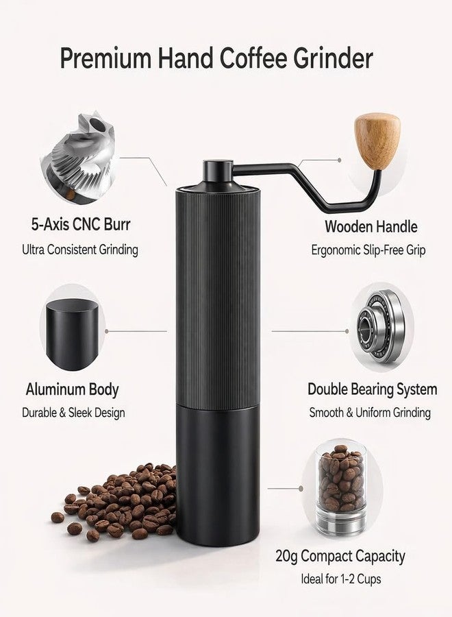 AAshonee® Premium Manual Coffee Grinder with 5-Axis CNC Stainless Steel Burr, Aluminum Body & Wooden Handle (1 Year Warranty) - Image 3