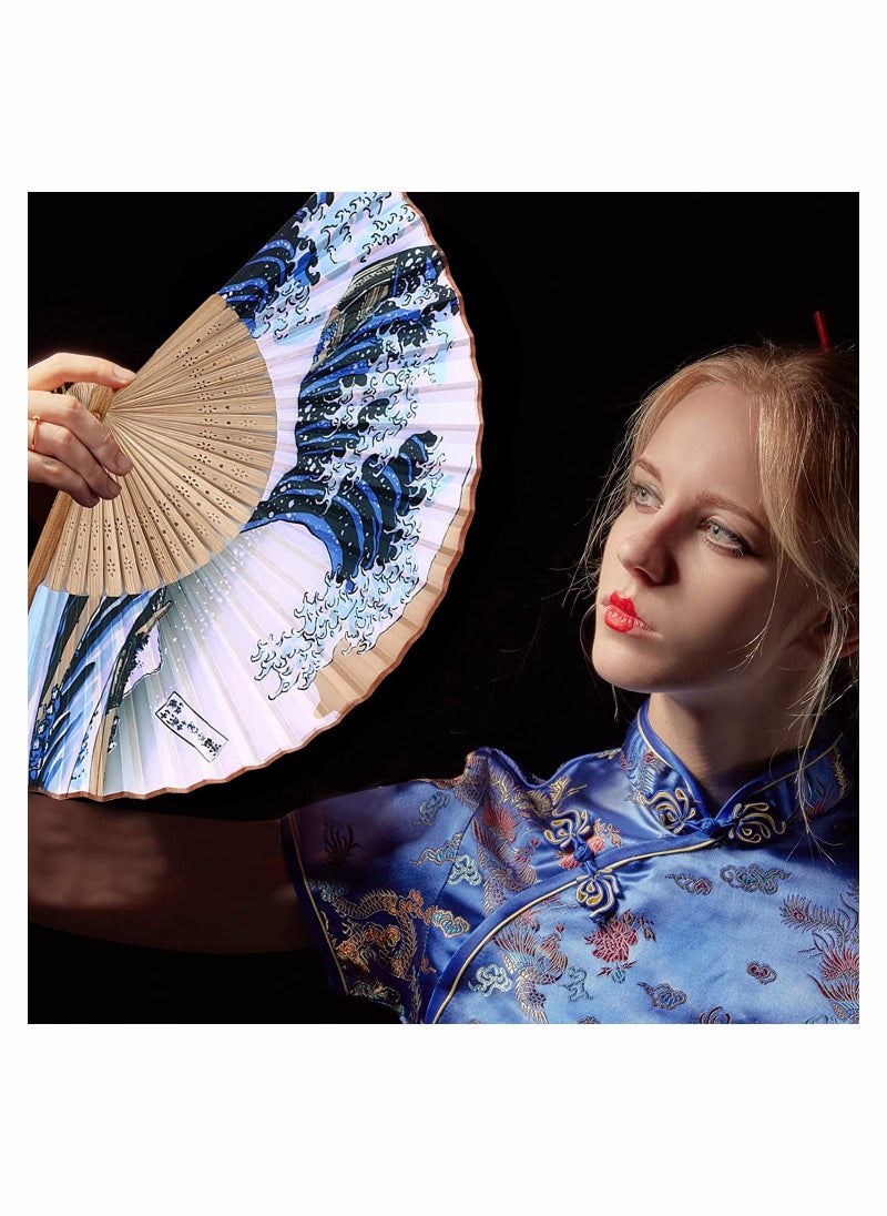 SYOSI Folding Hand Held Fan, Elegant Janpanese Style Painted Waves Retro Bamboo Folding Fan Home Office Decoration, Handmade Landscape Silk Folding Fan Kanagawa Fan for Women Girls Dance Performance  - Image 5