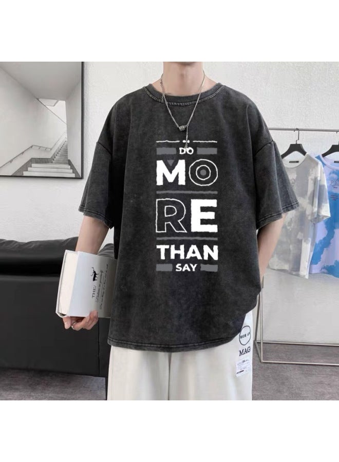 Simple Lines, Oversized, Washed And Distressed Print, Pure Cotton, Oversized Men's Print T-shirt, Trendy Street Style, Minimalist