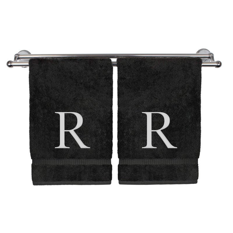 Monogrammed Hand Towel Personalized Gift Set of 2 White Block Letter Embroidered Towel Extra Absorbent 100 Turkish Cotton Soft Terry Finish Initial R Black