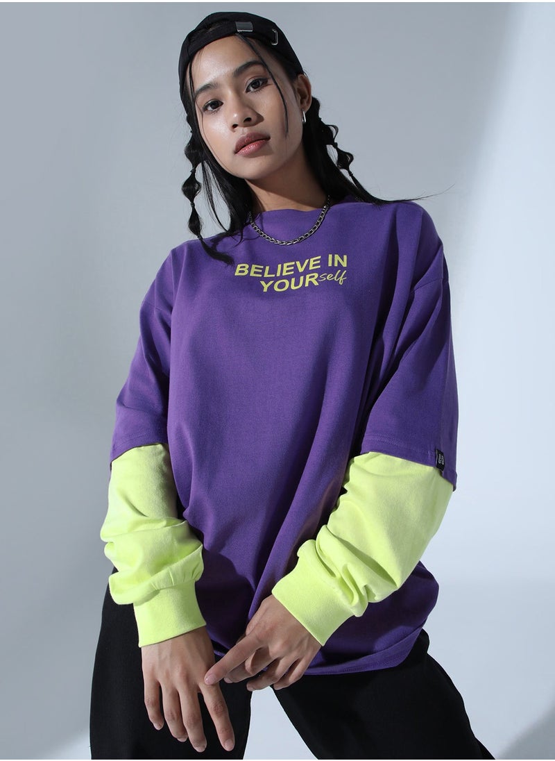 Hubberholme Relaxed Fit Purple Typography T-Shirt for Women  - Image 2