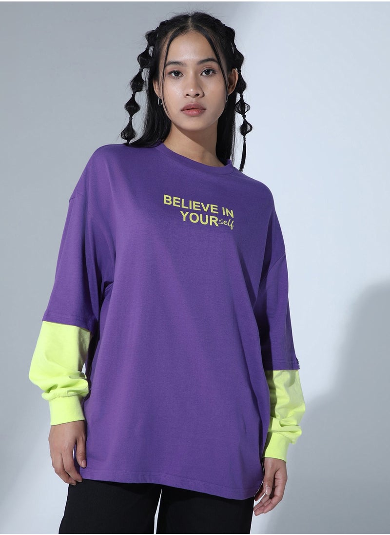 Hubberholme Relaxed Fit Purple Typography T-Shirt for Women  - Image 1