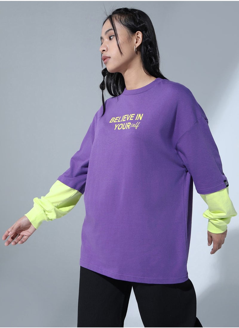 Hubberholme Relaxed Fit Purple Typography T-Shirt for Women  - Image 3