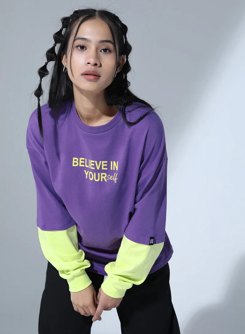 Hubberholme Relaxed Fit Purple Typography T-Shirt for Women