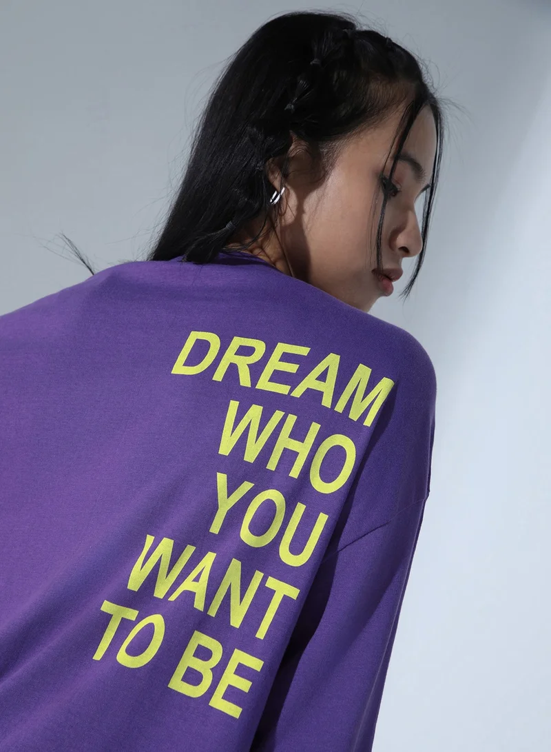 Hubberholme Relaxed Fit Purple Typography T-Shirt for Women
