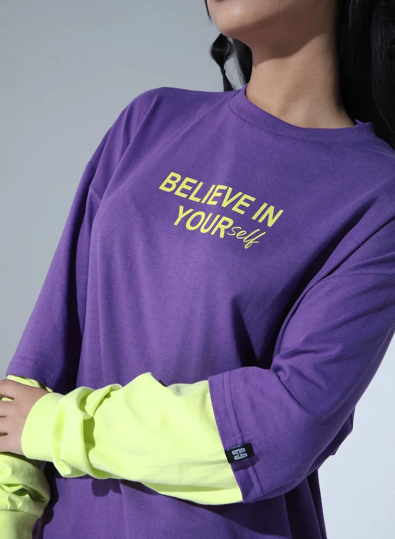 Hubberholme Relaxed Fit Purple Typography T-Shirt for Women