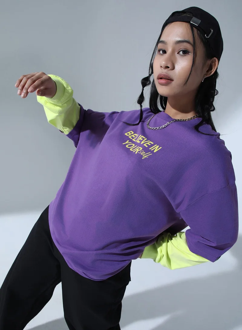 Hubberholme Relaxed Fit Purple Typography T-Shirt for Women