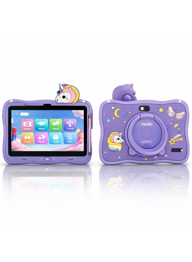 Modio Tab M71 Kids Tablet 7 Inch HD Display, 6GB RAM + 128GB ROM, Dual Camera, 3000mAh Battery, Shockproof Unicorn Case with Stylus & Accessories – Purple - Image 1