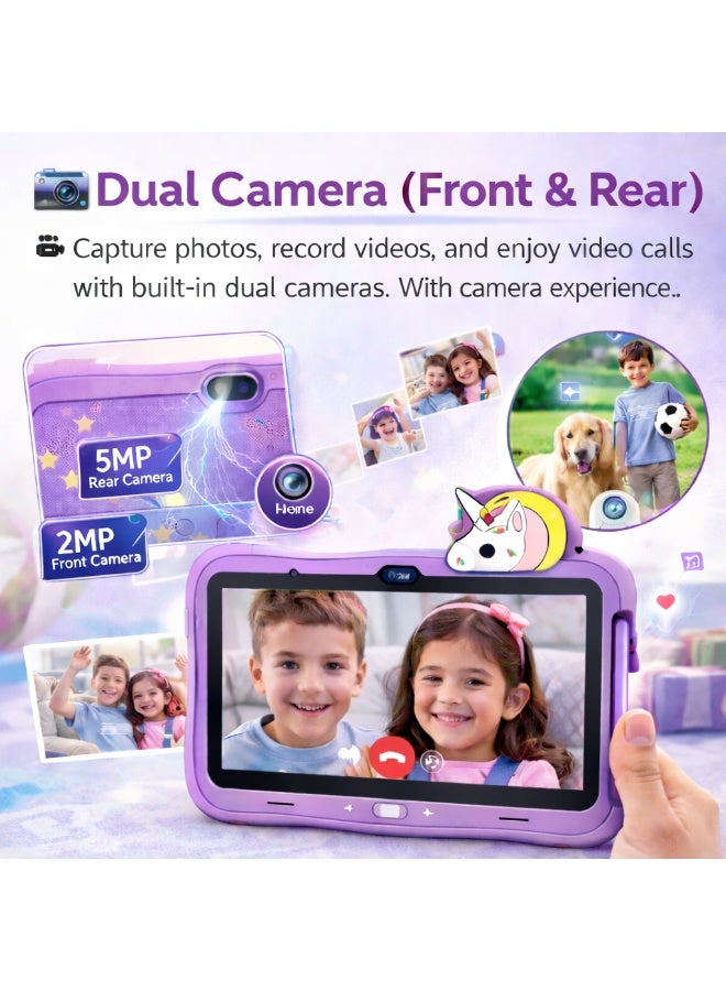 Modio Tab M71 Kids Tablet 7 Inch HD Display, 6GB RAM + 128GB ROM, Dual Camera, 3000mAh Battery, Shockproof Unicorn Case with Stylus & Accessories – Purple - Image 2