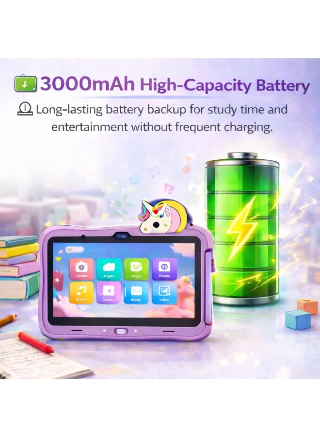 Modio Tab M71 Kids Tablet 7 Inch HD Display, 6GB RAM + 128GB ROM, Dual Camera, 3000mAh Battery, Shockproof Unicorn Case with Stylus & Accessories – Purple - Image 3