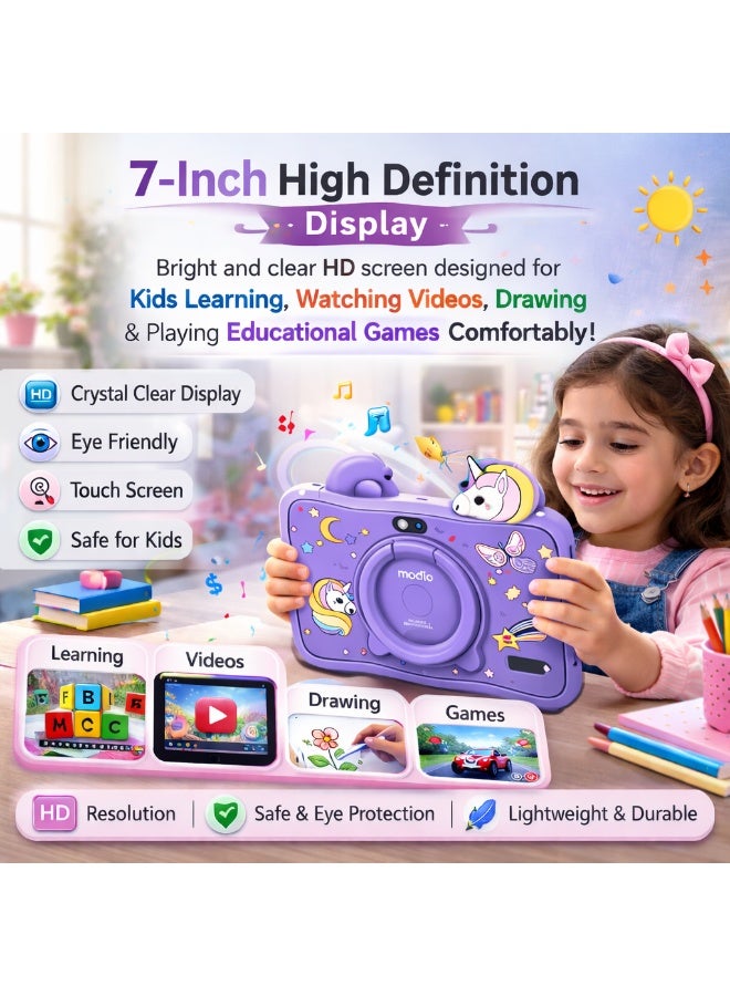 Modio Tab M71 Kids Tablet 7 Inch HD Display, 6GB RAM + 128GB ROM, Dual Camera, 3000mAh Battery, Shockproof Unicorn Case with Stylus & Accessories – Purple - Image 4