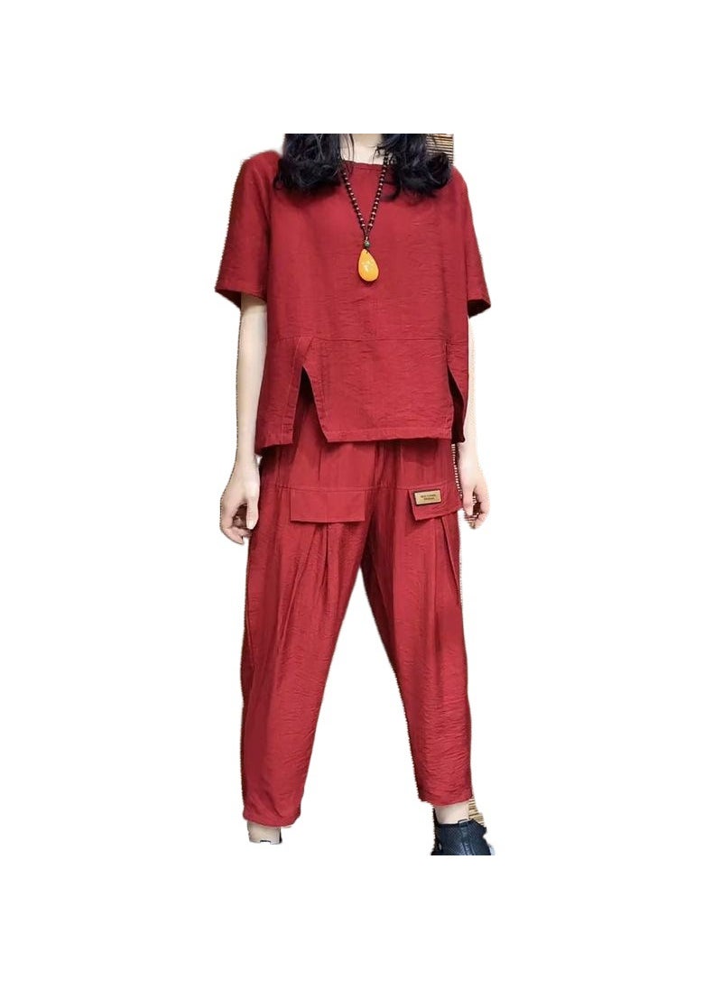 Autumn Cotton Linen Plus Size Casual Womens Set Black [suit]]