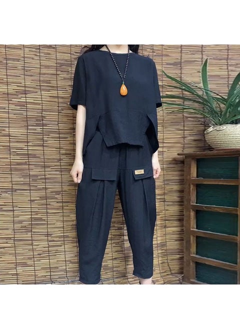Autumn Cotton Linen Plus Size Casual Womens Set Black [suit]]