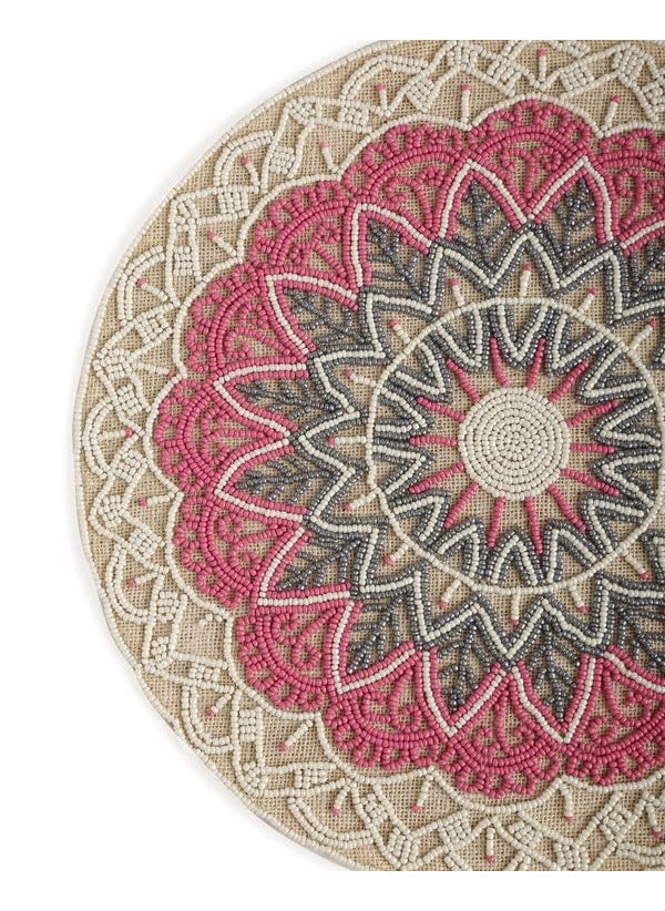 Good Vibes Pink Hand Beaded Jute Table Mat Place MatsRound Table MatEmbroidered Table MatRound Beaded Table MatsCutwork Design Dining Table MatsDressing Table MatsBed Side Table matsPink 14 Inches  - Image 2
