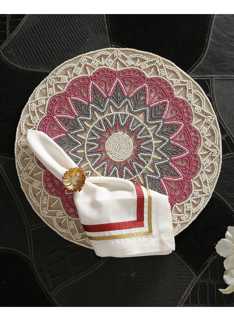 Good Vibes Pink Hand Beaded Jute Table Mat Place MatsRound Table MatEmbroidered Table MatRound Beaded Table MatsCutwork Design Dining Table MatsDressing Table MatsBed Side Table matsPink 14 Inches  - Image 1