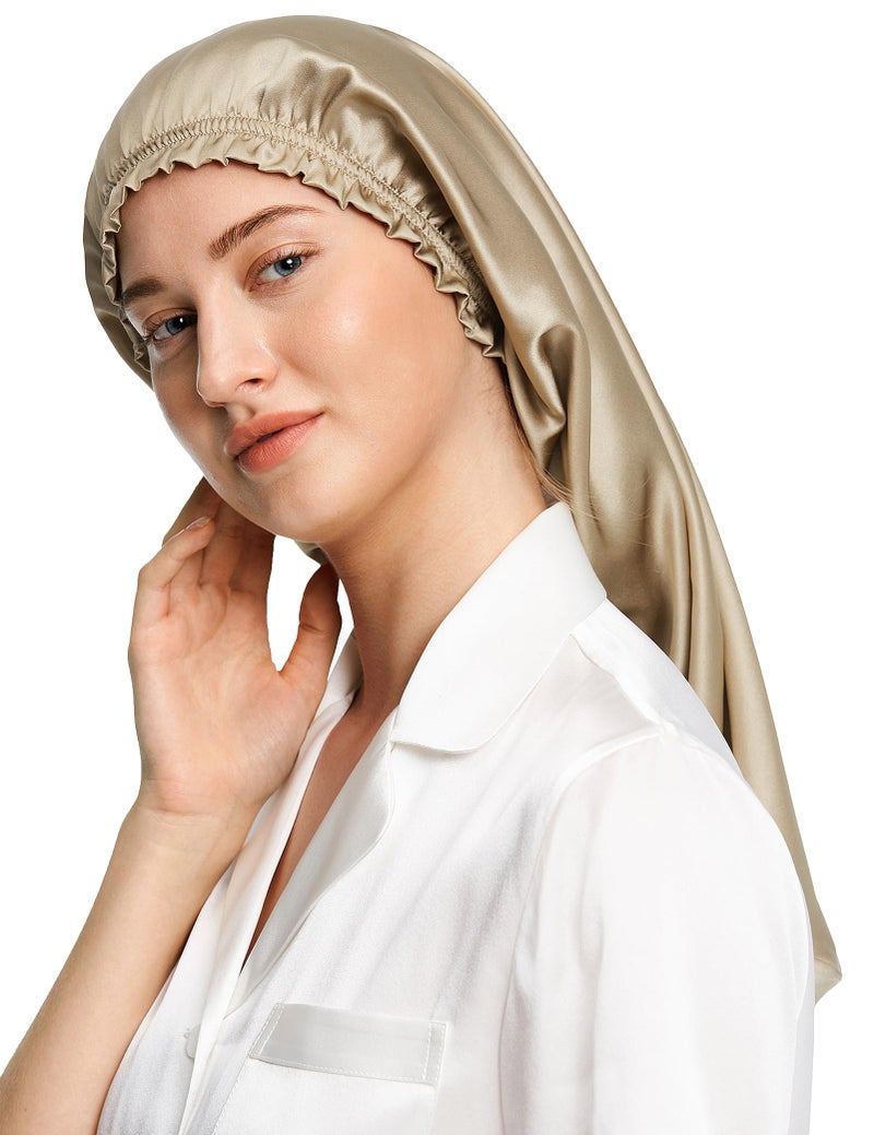 LilySilk Extra Long Silk Bonnet Sleep Cap for Women Soft Adjustable Hair Bonnet for Braids,Curly,Long Hair- Soft Elastic Band, Taupe - Image 1
