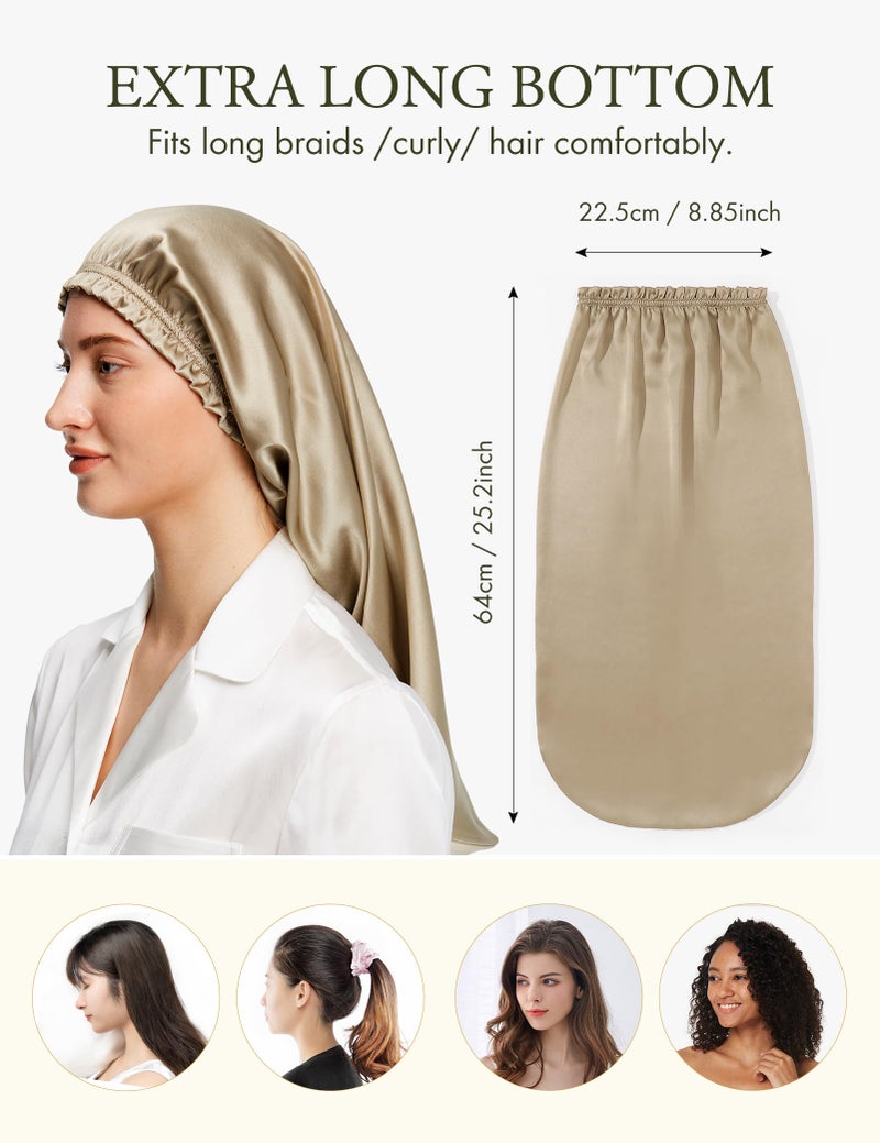 LilySilk Extra Long Silk Bonnet Sleep Cap for Women Soft Adjustable Hair Bonnet for Braids,Curly,Long Hair- Soft Elastic Band, Taupe - Image 3