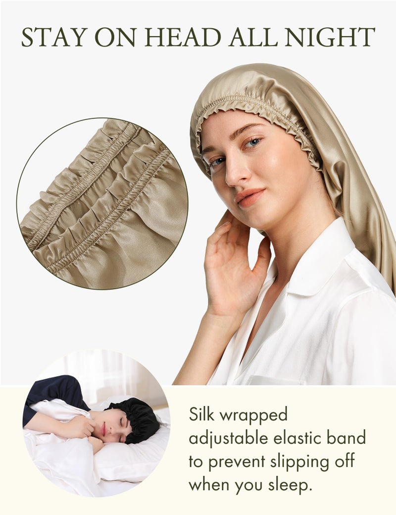 LilySilk Extra Long Silk Bonnet Sleep Cap for Women Soft Adjustable Hair Bonnet for Braids,Curly,Long Hair- Soft Elastic Band, Taupe - Image 2