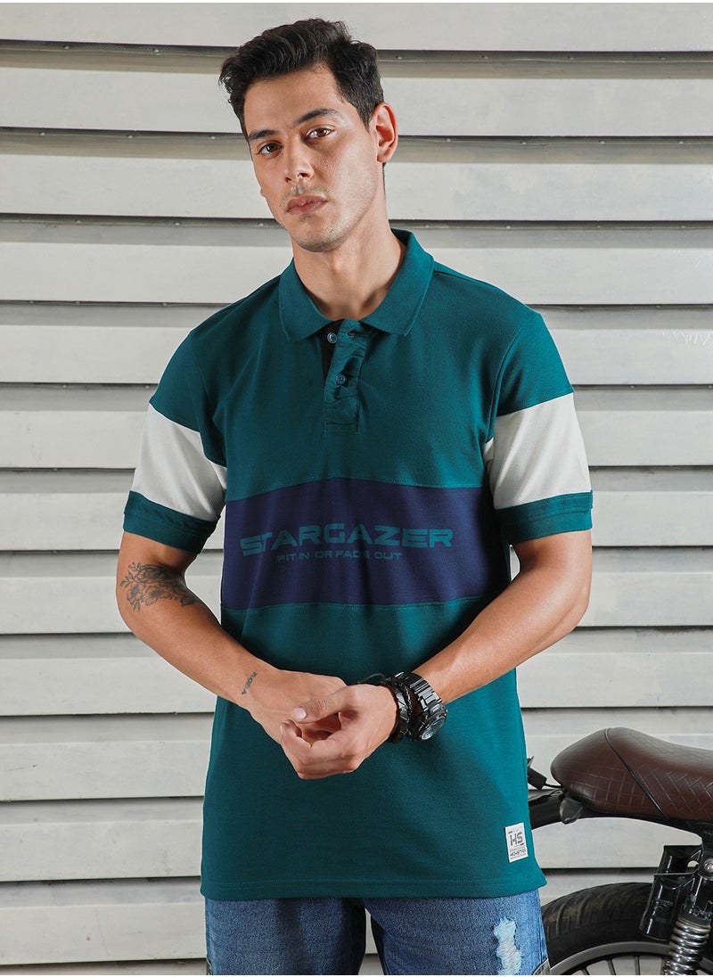 HIGH STAR Regular Fit Teal Polo T-Shirt for Men, Color Block Design  - Image 2