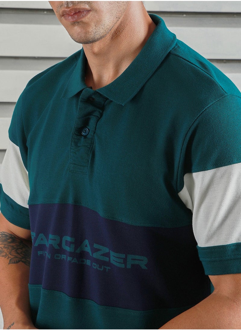 HIGH STAR Regular Fit Teal Polo T-Shirt for Men, Color Block Design  - Image 3