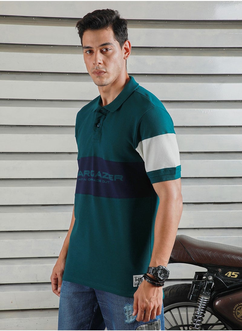 HIGH STAR Regular Fit Teal Polo T-Shirt for Men, Color Block Design  - Image 1