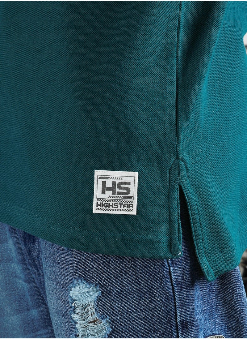 HIGH STAR Regular Fit Teal Polo T-Shirt for Men, Color Block Design  - Image 5