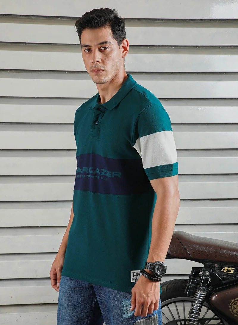 HIGH STAR Regular Fit Teal Polo T-Shirt for Men, Color Block Design