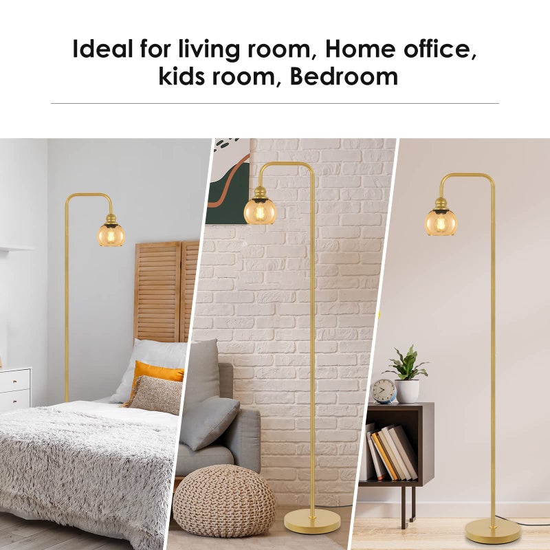 Bricosmocon Modern Floor Lamp for Living Room with 6W LED Bulb, Industrial Floor Lamp, Amber Glass, Classic Reading Tall Lamp for Home Office, Standing Lamp for Study, Minimalist, Vintage, Mid Century, Brass Gold - Image 5