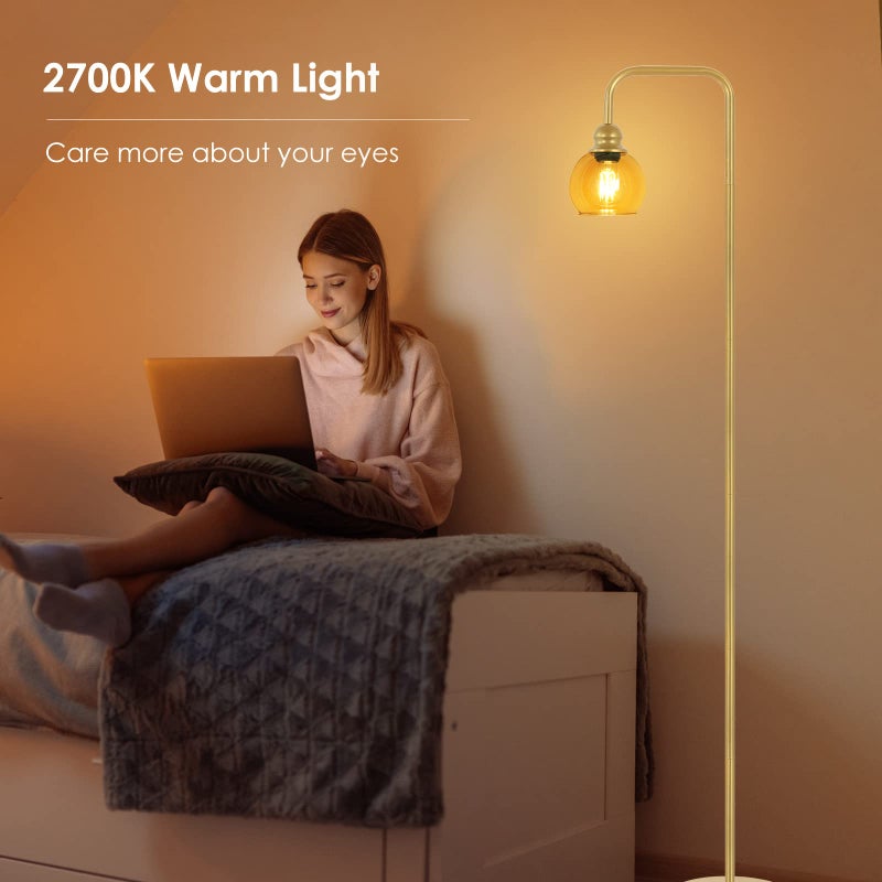 Bricosmocon Modern Floor Lamp for Living Room with 6W LED Bulb, Industrial Floor Lamp, Amber Glass, Classic Reading Tall Lamp for Home Office, Standing Lamp for Study, Minimalist, Vintage, Mid Century, Brass Gold - Image 3