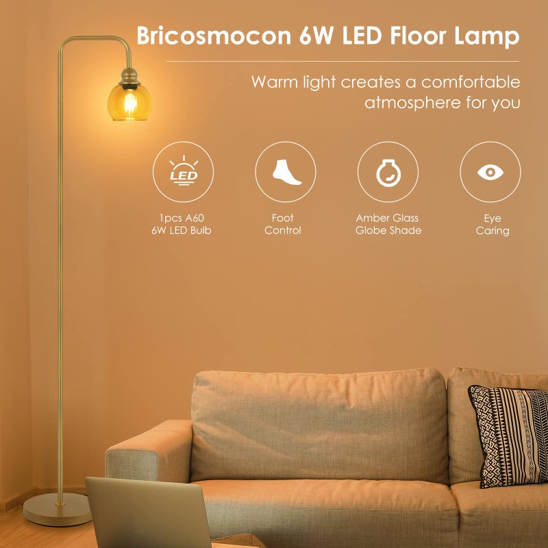 Bricosmocon Modern Floor Lamp for Living Room with 6W LED Bulb, Industrial Floor Lamp, Amber Glass, Classic Reading Tall Lamp for Home Office, Standing Lamp for Study, Minimalist, Vintage, Mid Century, Brass Gold - Image 2