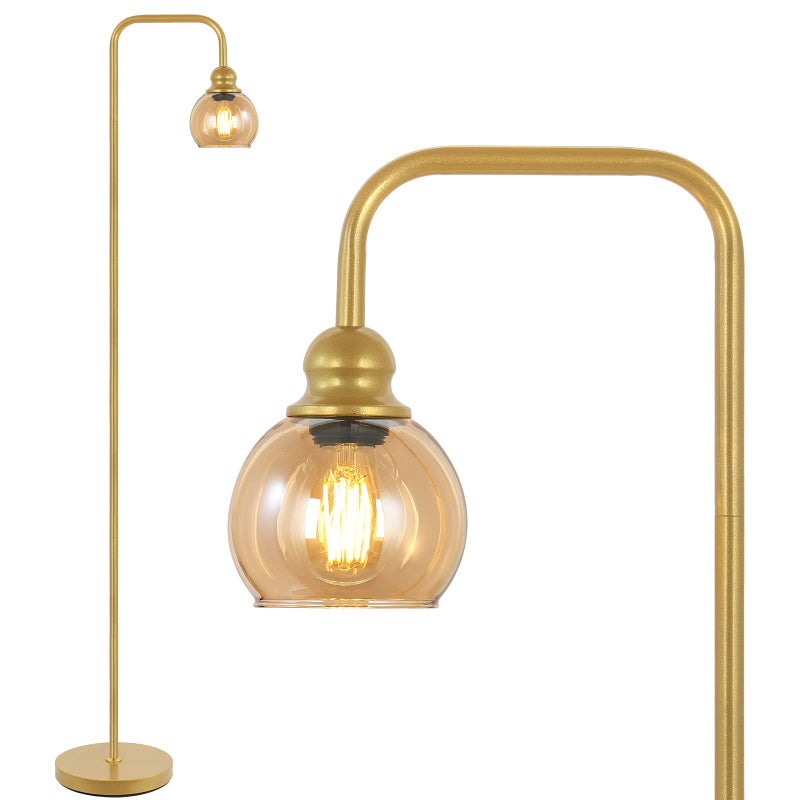Bricosmocon Modern Floor Lamp for Living Room with 6W LED Bulb, Industrial Floor Lamp, Amber Glass, Classic Reading Tall Lamp for Home Office, Standing Lamp for Study, Minimalist, Vintage, Mid Century, Brass Gold - Image 1