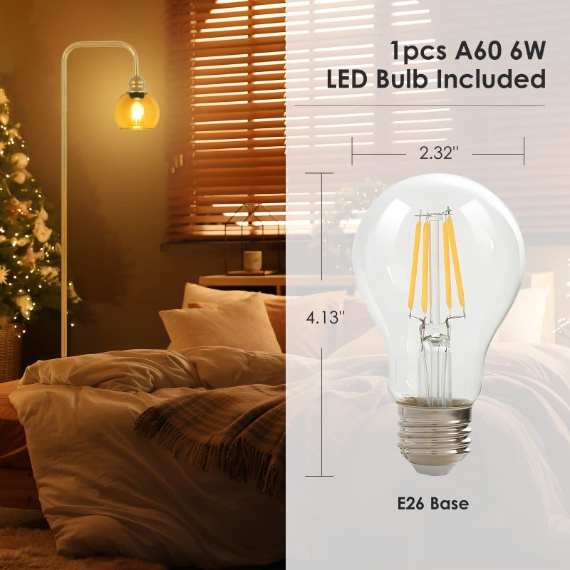 Bricosmocon Modern Floor Lamp for Living Room with 6W LED Bulb, Industrial Floor Lamp, Amber Glass, Classic Reading Tall Lamp for Home Office, Standing Lamp for Study, Minimalist, Vintage, Mid Century, Brass Gold - Image 4