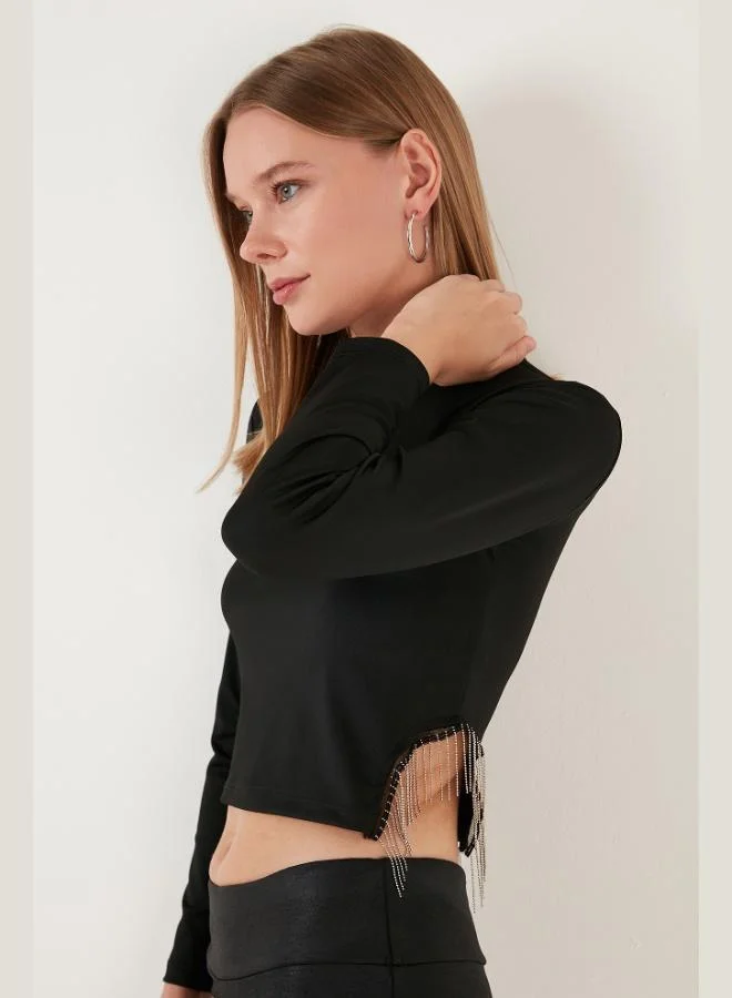 Lela Lela Slim Fit Crew Neck Crop Blouse with Side Chain Detail for Women 5865398