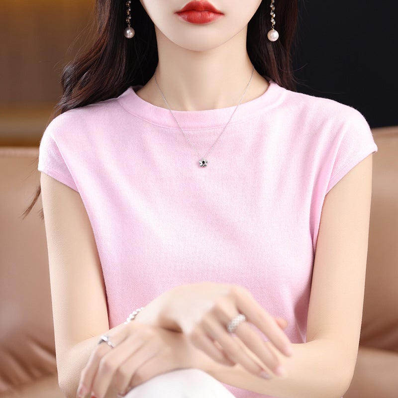 Fine-Imitation Thin Non-Cashmere Short-Sleeved T-Shirt Women'S Top 25 Spring Knitted Women'S Slim-Fit Crewneck Base Vest Summer - Image 3
