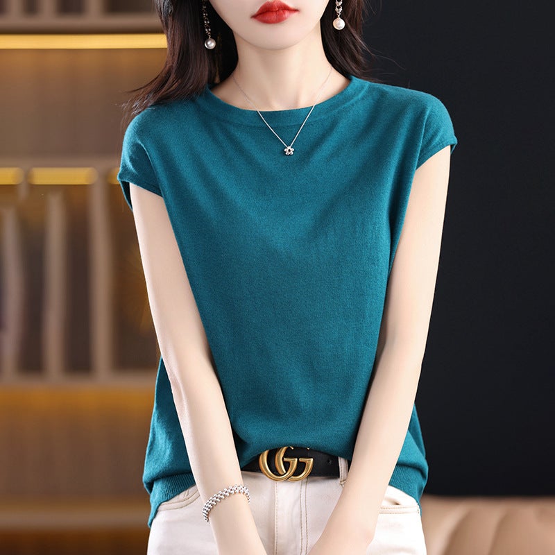 Fine-Imitation Thin Non-Cashmere Short-Sleeved T-Shirt Women'S Top 25 Spring Knitted Women'S Slim-Fit Crewneck Base Vest Summer - Image 1