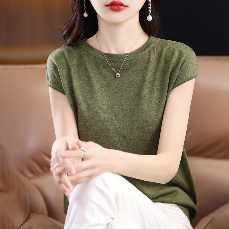 Fine-Imitation Thin Non-Cashmere Short-Sleeved T-Shirt Women'S Top 25 Spring Knitted Women'S Slim-Fit Crewneck Base Vest Summer - Image 2