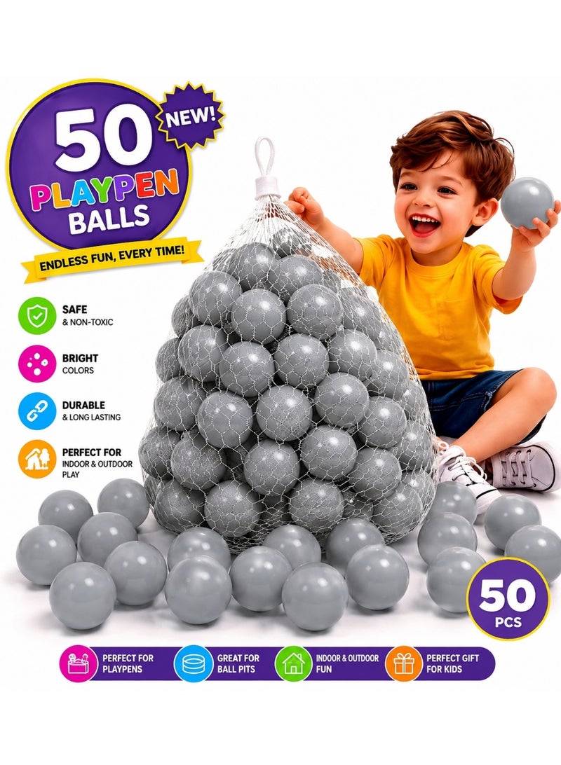 SKY-TOUCH Premium Soft Plastic Pit Balls for Kids (100+ Pcs) – GREY Playpen Balls for Ball Pits, Bounce Houses, and Kiddie Pools – Non-Toxic, Crush-Proof & BPA-Free Toddler Toys – Includes Mesh Storage Bag - Image 1