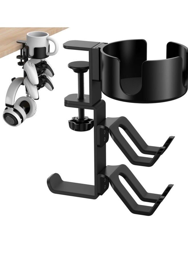 حامل أكواب مكتبي 4 في 1 مع شماعات سماعات رأس وحامل جهاز تحكم ملحقات ألعاب، مشبك ذراع قابل للتعديل والتدوير عالمي مطور لأكواب القهوة وزجاجات المياه وسماعات الرأس وأجهزة التحكم - أسود - Image 1