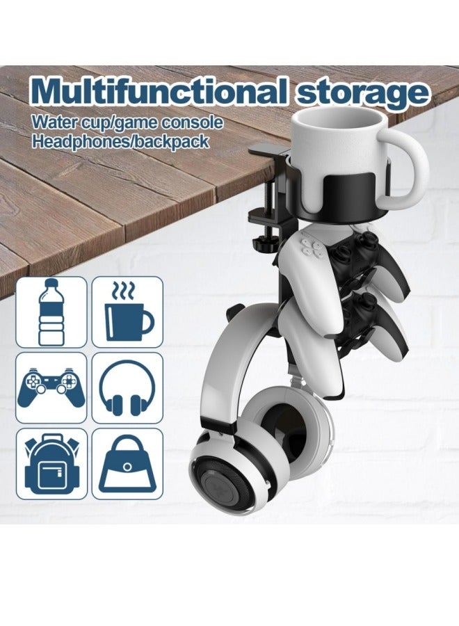 حامل أكواب مكتبي 4 في 1 مع شماعات سماعات رأس وحامل جهاز تحكم ملحقات ألعاب، مشبك ذراع قابل للتعديل والتدوير عالمي مطور لأكواب القهوة وزجاجات المياه وسماعات الرأس وأجهزة التحكم - أسود - Image 2