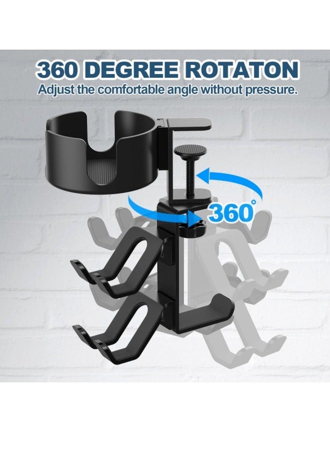 حامل أكواب مكتبي 4 في 1 مع شماعات سماعات رأس وحامل جهاز تحكم ملحقات ألعاب، مشبك ذراع قابل للتعديل والتدوير عالمي مطور لأكواب القهوة وزجاجات المياه وسماعات الرأس وأجهزة التحكم - أسود - Image 3