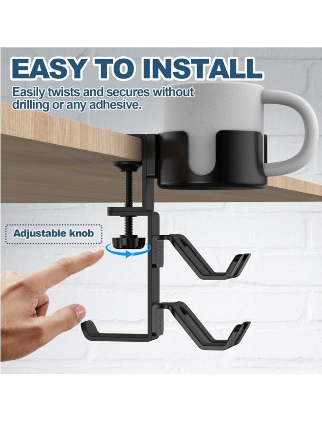 حامل أكواب مكتبي 4 في 1 مع شماعات سماعات رأس وحامل جهاز تحكم ملحقات ألعاب، مشبك ذراع قابل للتعديل والتدوير عالمي مطور لأكواب القهوة وزجاجات المياه وسماعات الرأس وأجهزة التحكم - أسود - Image 4